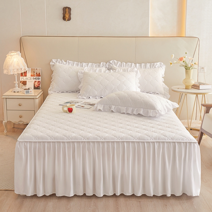 91家纺网 家纺一手货源 找家纺 怡源梦 2026新款幸运草夹棉床裙床裙单品床裙单件 幸运草-纯白