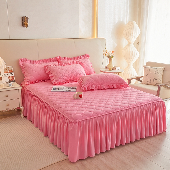 91家纺网 家纺一手货源 找家纺 怡源梦 2026新款幸运草夹棉床裙床裙单品床裙单件 幸运草-粉色