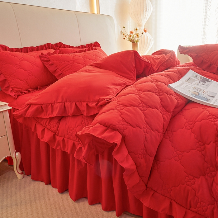 怡源梦 2026新款幸运草夹棉床裙四件套 幸运草-大红