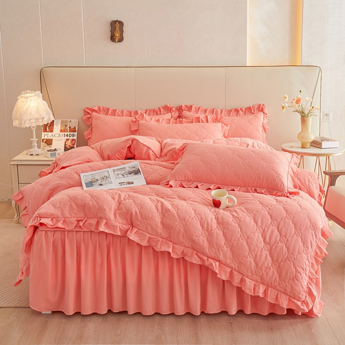 91家纺网 家纺一手货源 找家纺 怡源梦 2026新款幸运草夹棉床裙四件套 幸运草-玉色