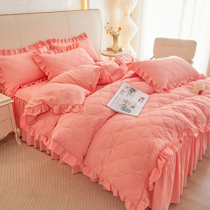 91家纺网 家纺一手货源 找家纺 怡源梦 2026新款幸运草夹棉床裙四件套 幸运草-玉色