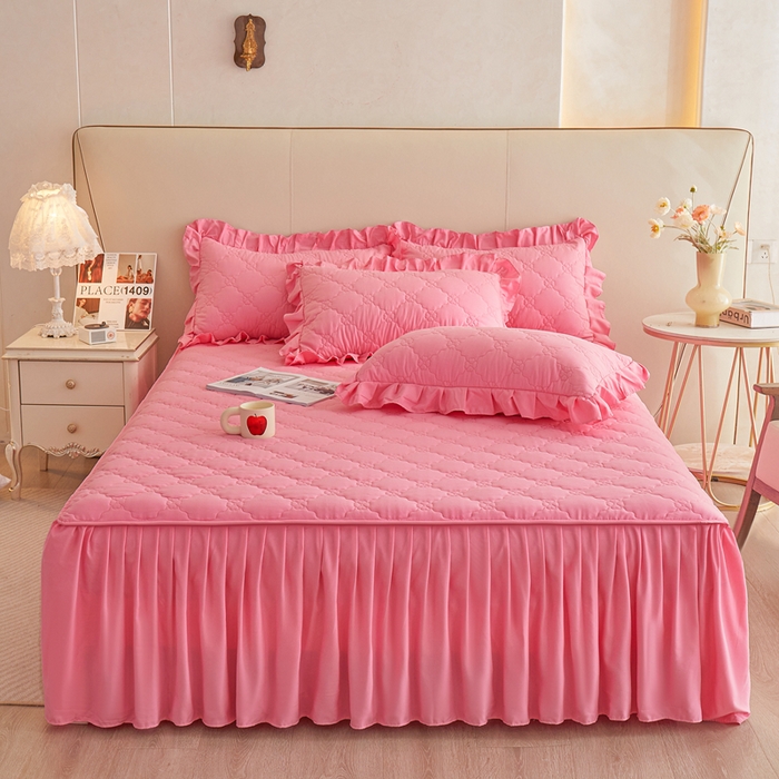 91家纺网 家纺一手货源 找家纺 怡源梦 2026新款幸运草夹棉床裙四件套 幸运草-粉色