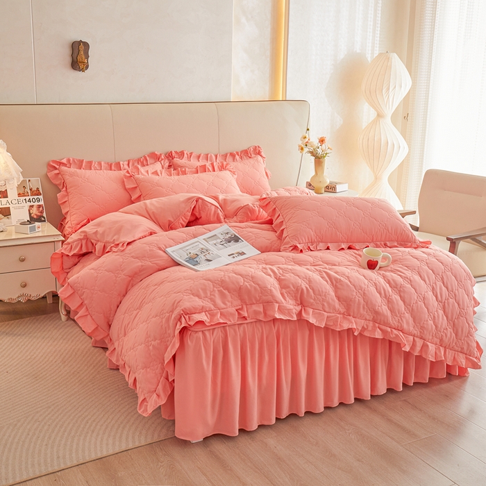 91家纺网 家纺一手货源 找家纺 怡源梦 2026新款幸运草夹棉床裙四件套 幸运草-玉色