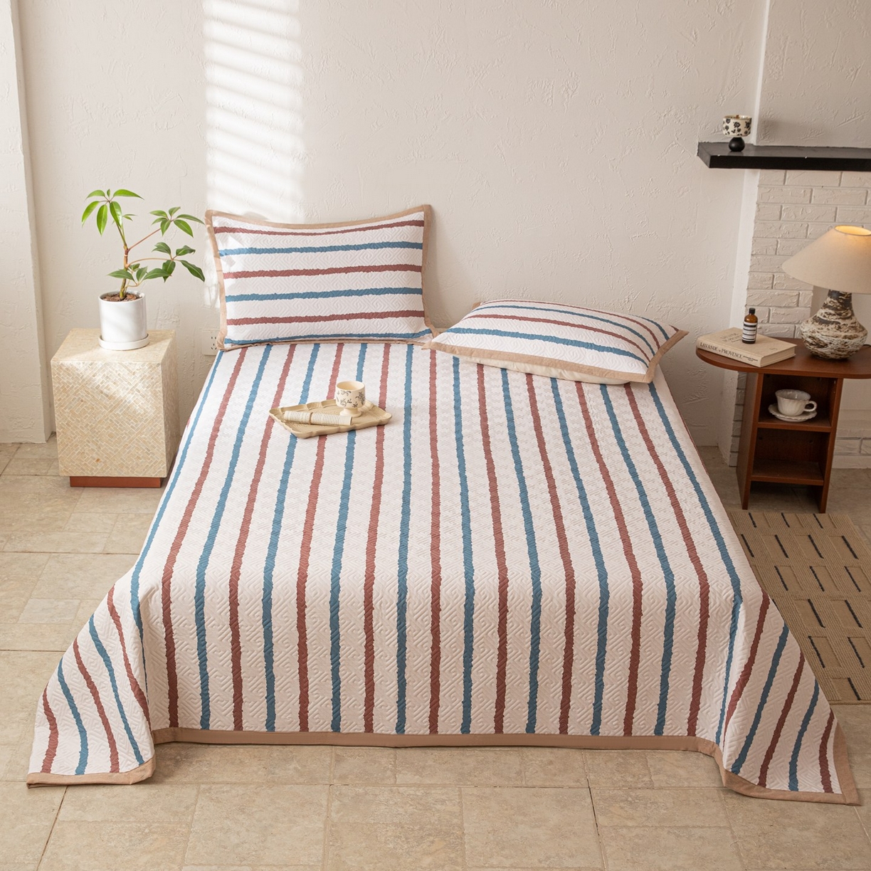 91家纺网 家纺一手货源 找家纺 雅萱家纺 2026春夏新款全棉老粗布床盖 床盖单件 床盖-条纹咖