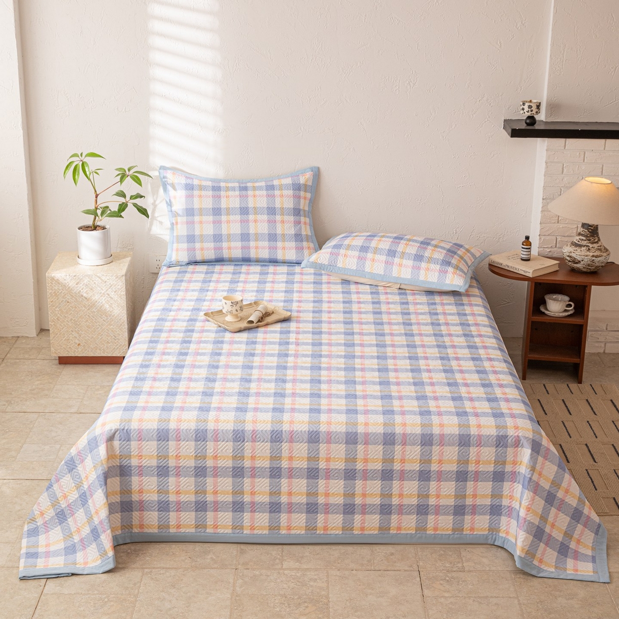 雅萱家纺 2026春夏新款全棉老粗布床盖 床盖单件 床盖-无印蓝