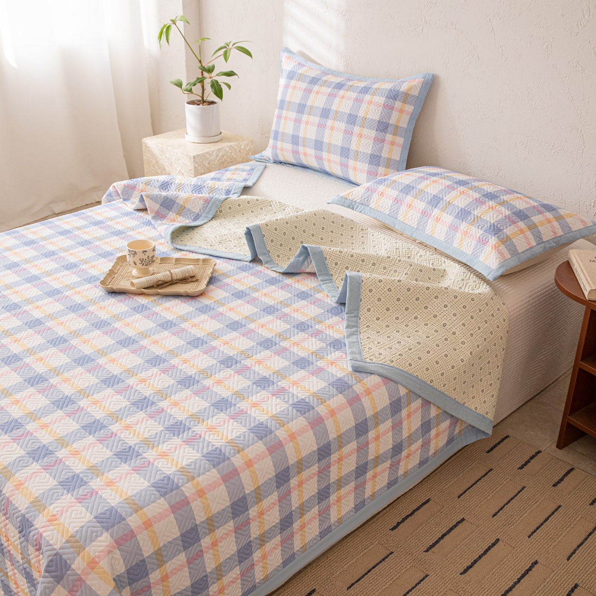 91家纺网 家纺一手货源 找家纺 雅萱家纺 2026春夏新款全棉老粗布床盖 床盖单件 床盖-无印蓝