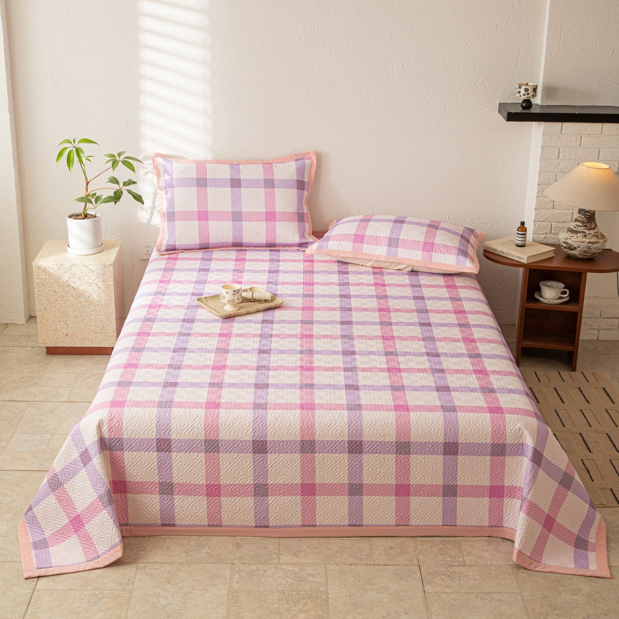 91家纺网 家纺一手货源 找家纺 雅萱家纺 2026春夏新款全棉老粗布床盖 床盖单件 床盖-条纹紫