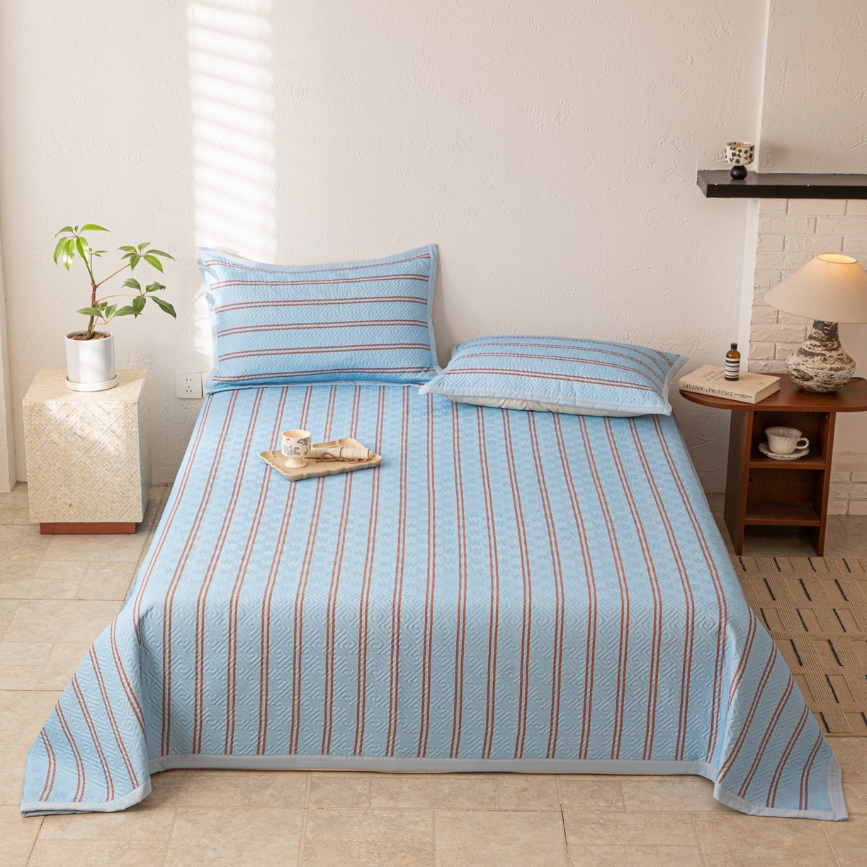 雅萱家纺 2026春夏新款全棉老粗布床盖 床盖单件 床盖-纹蓝