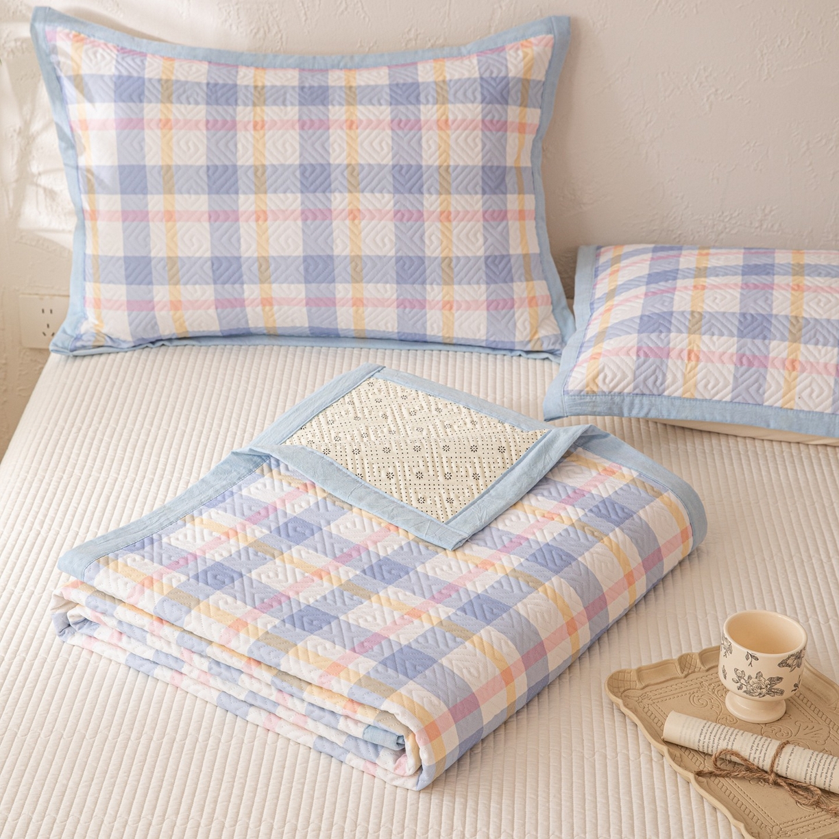 91家纺网 家纺一手货源 找家纺 雅萱家纺 2026春夏新款全棉老粗布床盖 床盖单件 床盖-无印蓝