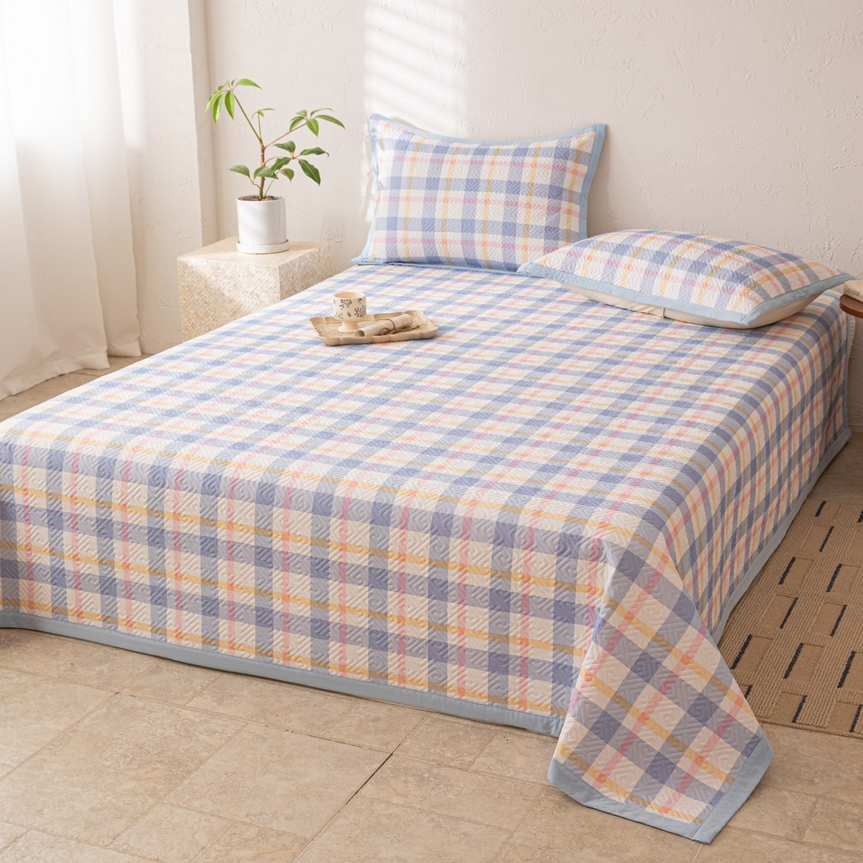 91家纺网 家纺一手货源 找家纺 雅萱家纺 2026春夏新款全棉老粗布床盖 床盖单件 床盖-无印蓝