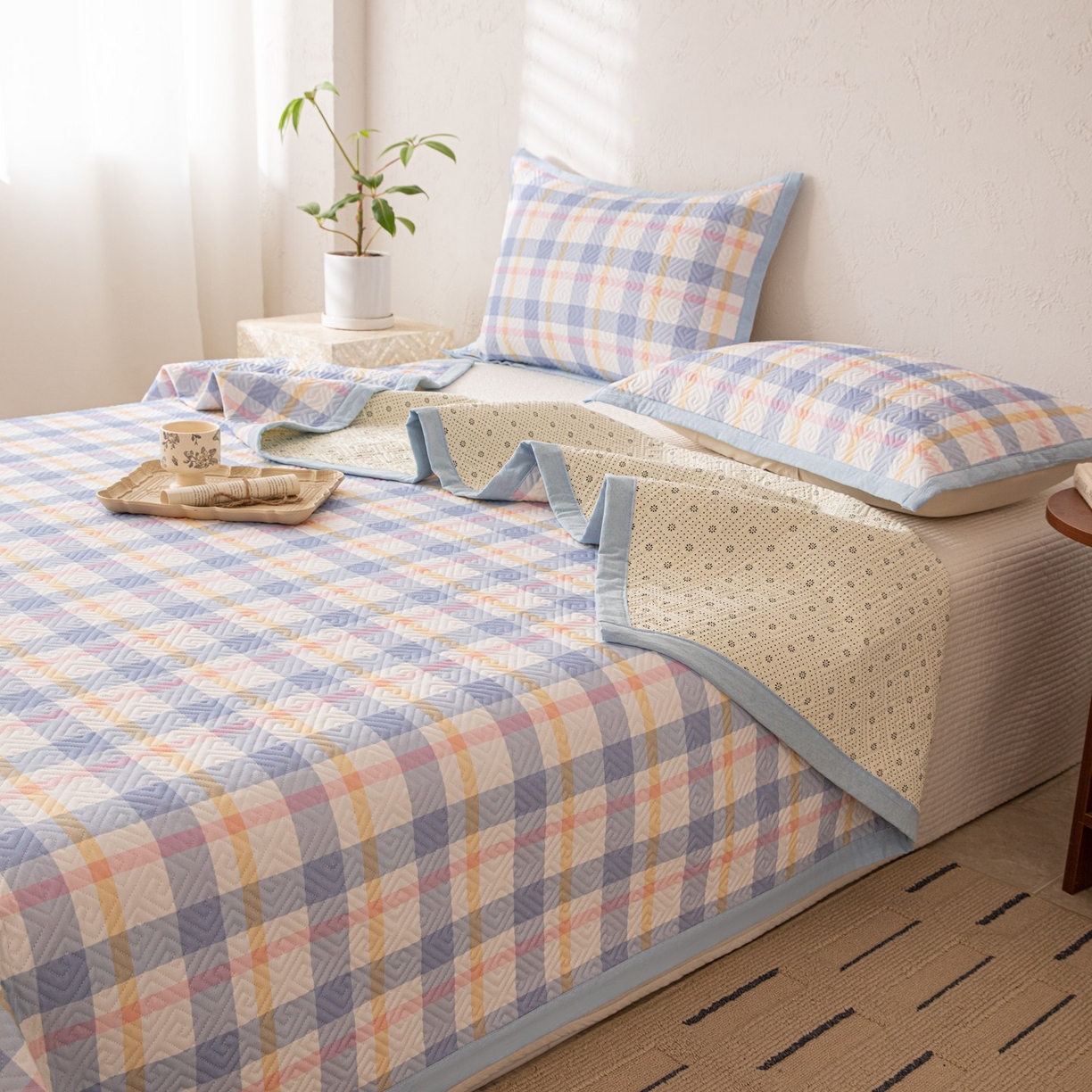 91家纺网 家纺一手货源 找家纺 雅萱家纺 2026春夏新款全棉老粗布床盖 床盖单件 床盖-无印蓝