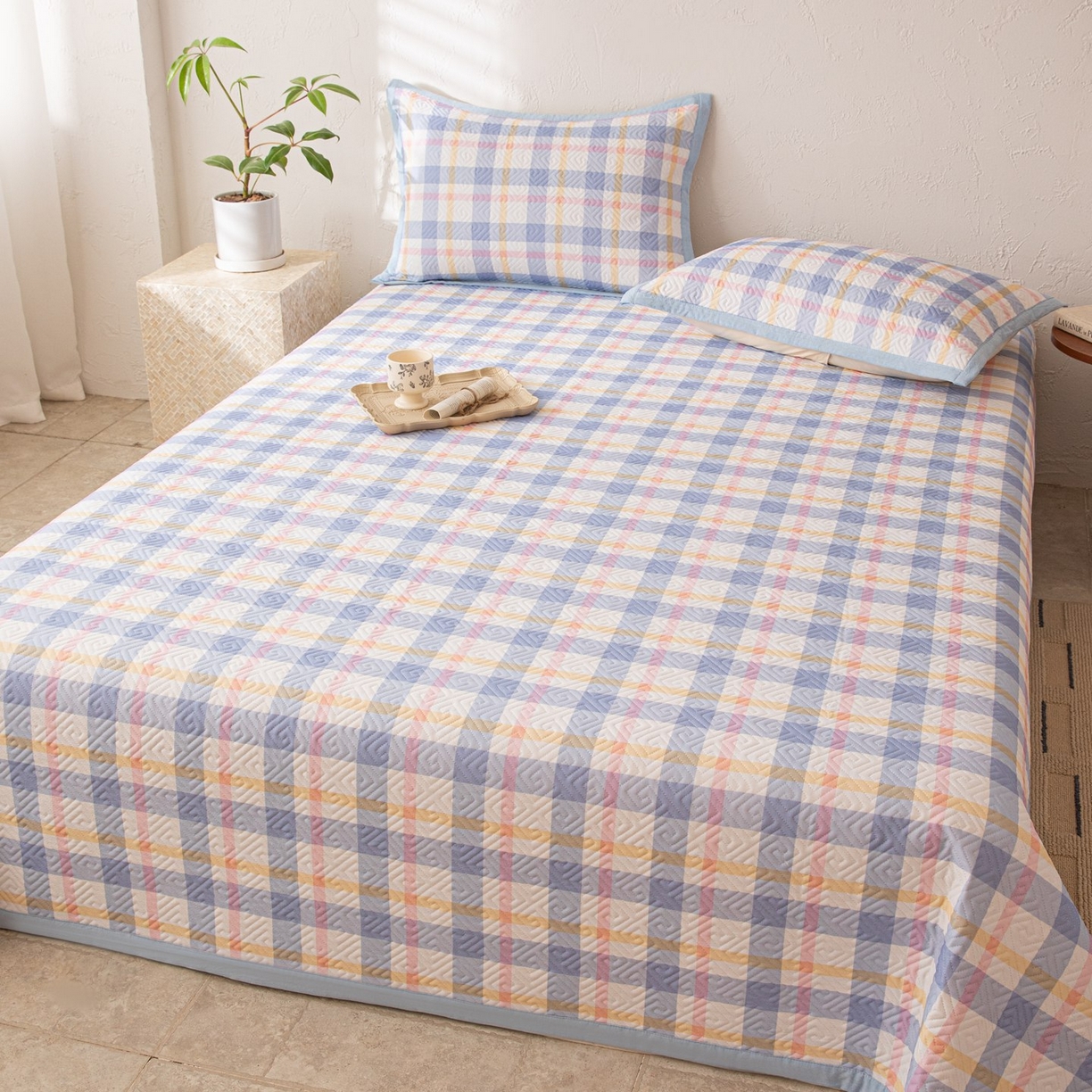 91家纺网 家纺一手货源 找家纺 雅萱家纺 2026春夏新款全棉老粗布床盖 床盖单件 床盖-无印蓝