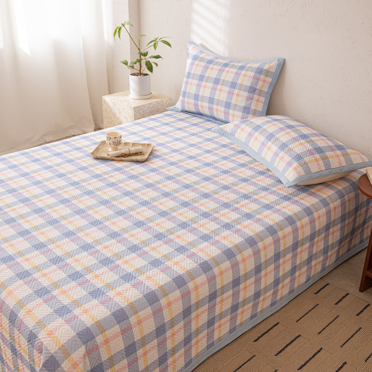 91家纺网 家纺一手货源 找家纺 雅萱家纺 2026春夏新款全棉老粗布床盖 床盖单件 床盖-无印蓝