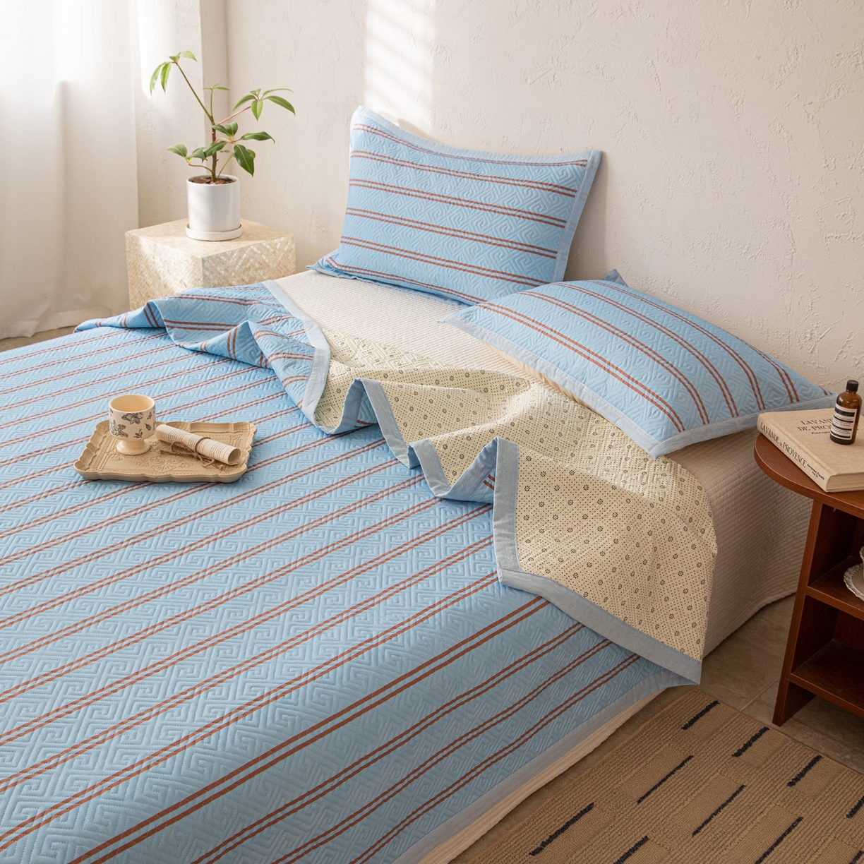 91家纺网 家纺一手货源 找家纺 雅萱家纺 2026春夏新款全棉老粗布床盖 床盖单件 床盖-纹蓝