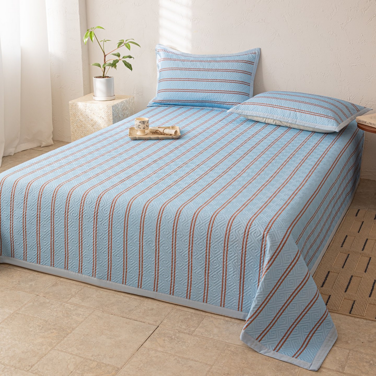 91家纺网 家纺一手货源 找家纺 雅萱家纺 2026春夏新款全棉老粗布床盖 床盖单件 床盖-纹蓝