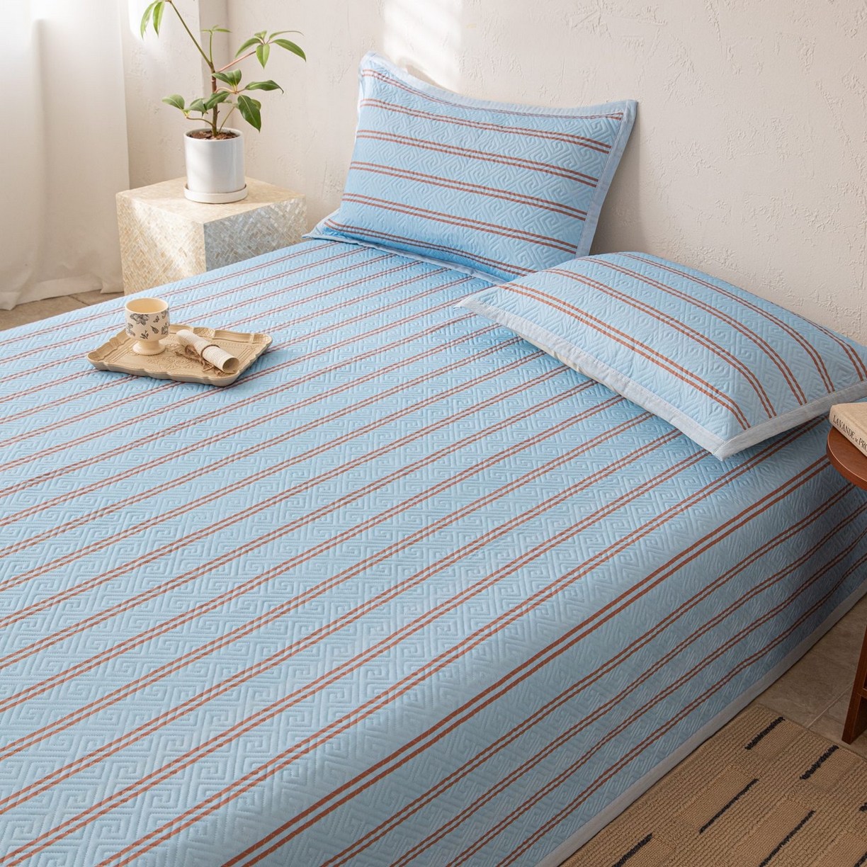 91家纺网 家纺一手货源 找家纺 雅萱家纺 2026春夏新款全棉老粗布床盖 床盖单件 床盖-纹蓝