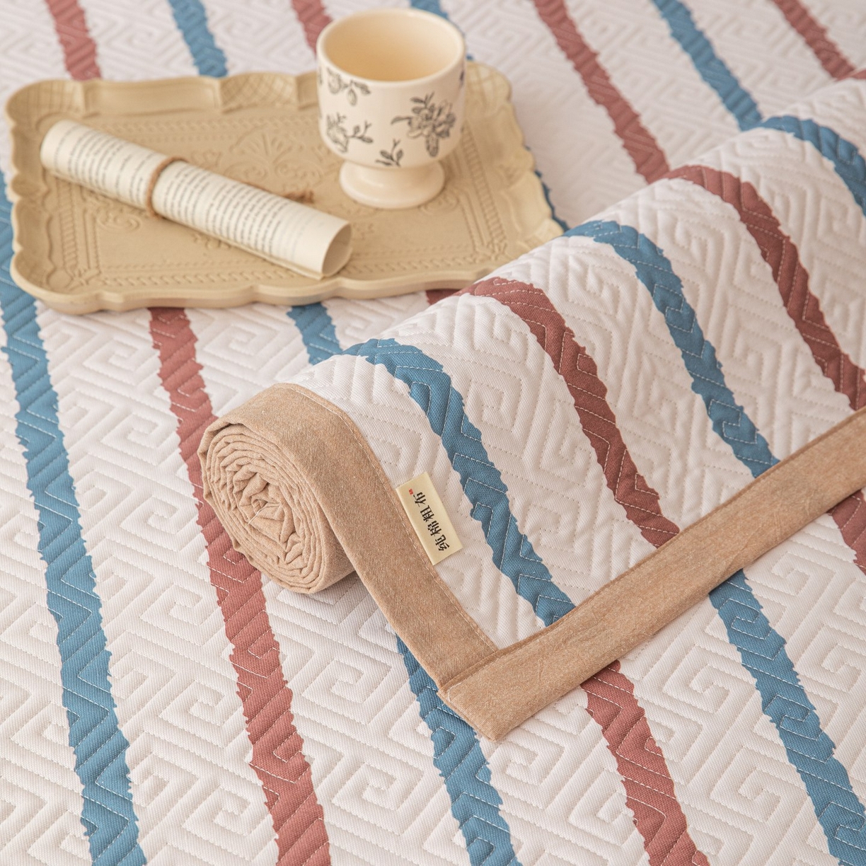 91家纺网 家纺一手货源 找家纺 雅萱家纺 2026春夏新款全棉老粗布床盖 床盖单件 床盖-条纹咖