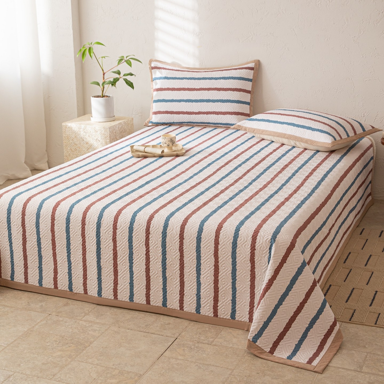 91家纺网 家纺一手货源 找家纺 雅萱家纺 2026春夏新款全棉老粗布床盖 床盖单件 床盖-条纹咖