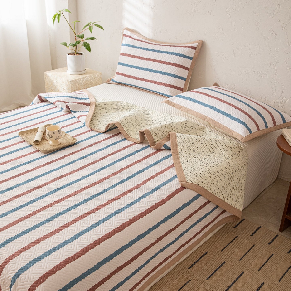 91家纺网 家纺一手货源 找家纺 雅萱家纺 2026春夏新款全棉老粗布床盖 床盖单件 床盖-条纹咖