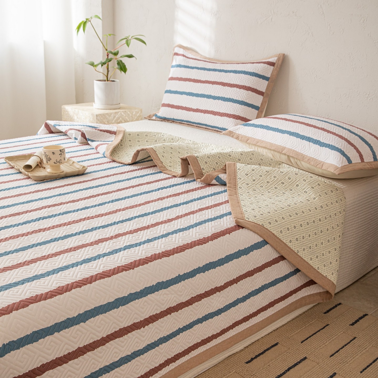 91家纺网 家纺一手货源 找家纺 雅萱家纺 2026春夏新款全棉老粗布床盖 床盖单件 床盖-条纹咖