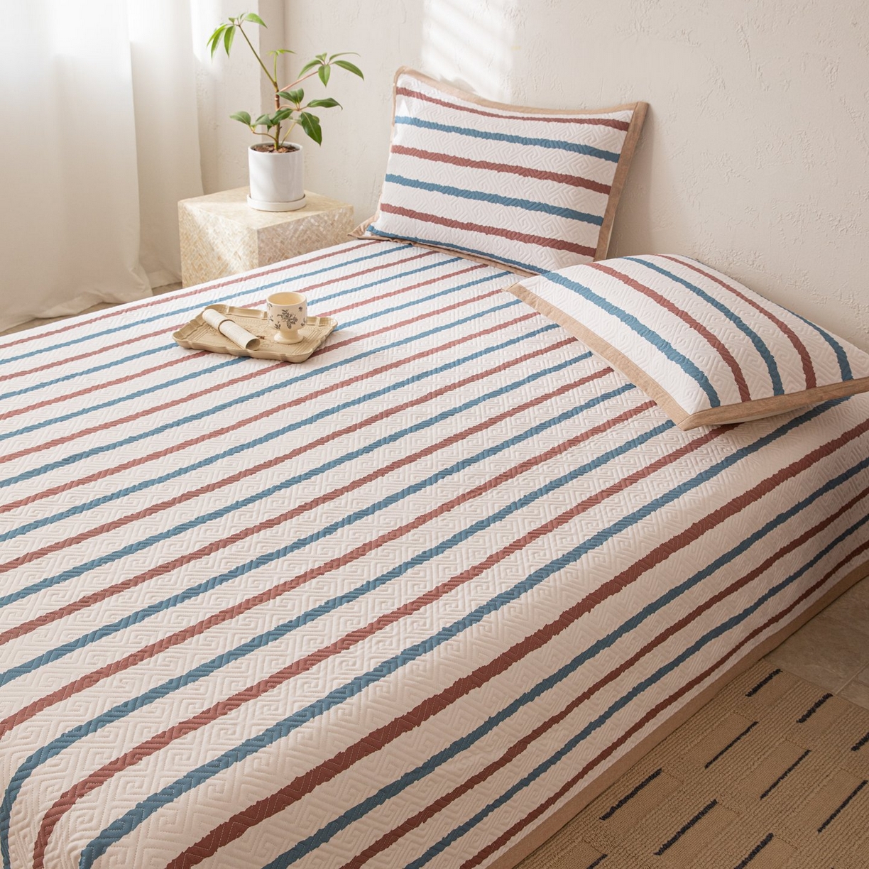 91家纺网 家纺一手货源 找家纺 雅萱家纺 2026春夏新款全棉老粗布床盖 床盖单件 床盖-条纹咖