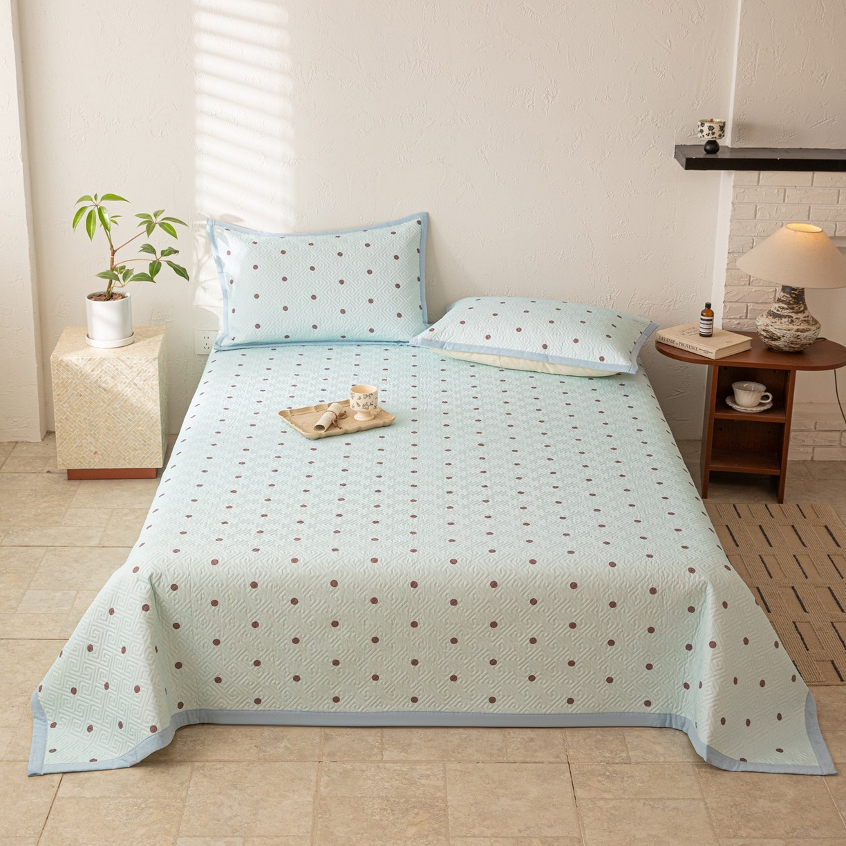 雅萱家纺 2026春夏新款全棉老粗布床盖 床盖单件 床盖-波点蓝