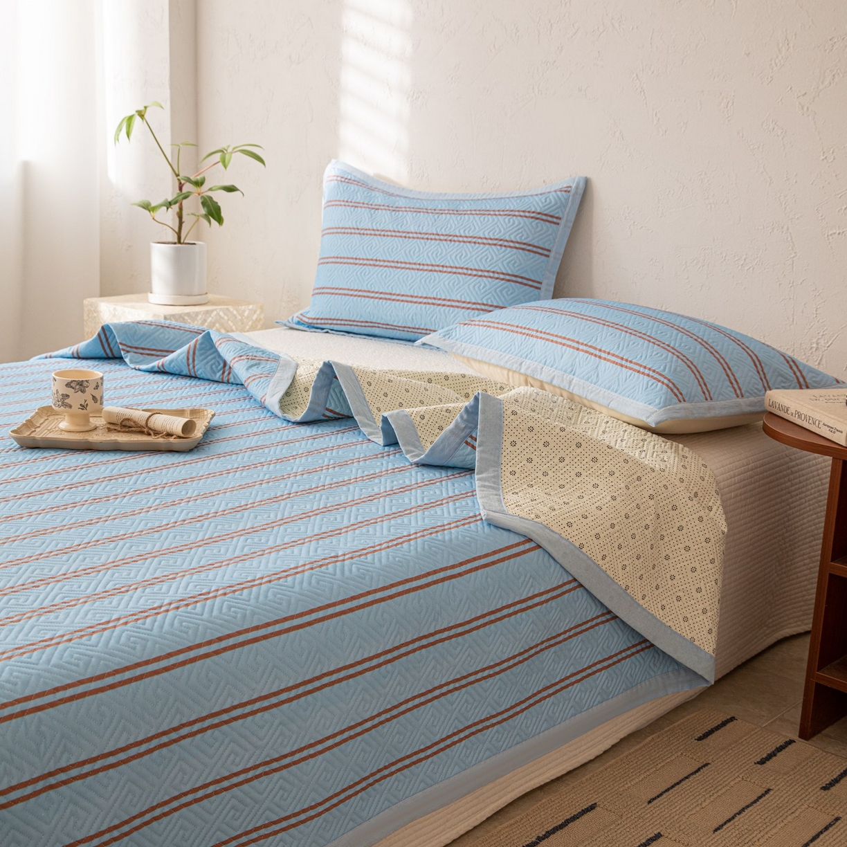 91家纺网 家纺一手货源 找家纺 雅萱家纺 2026春夏新款全棉老粗布床盖 床盖单件 床盖-纹蓝