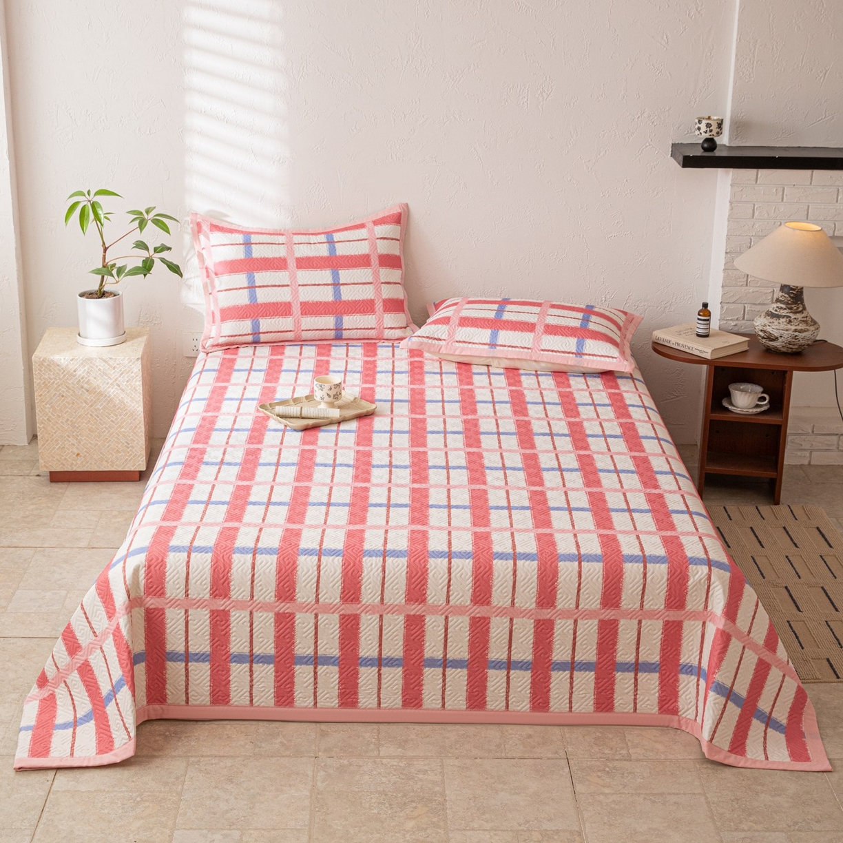 雅萱家纺 2026春夏新款全棉老粗布床盖 床盖单件 床盖-格红