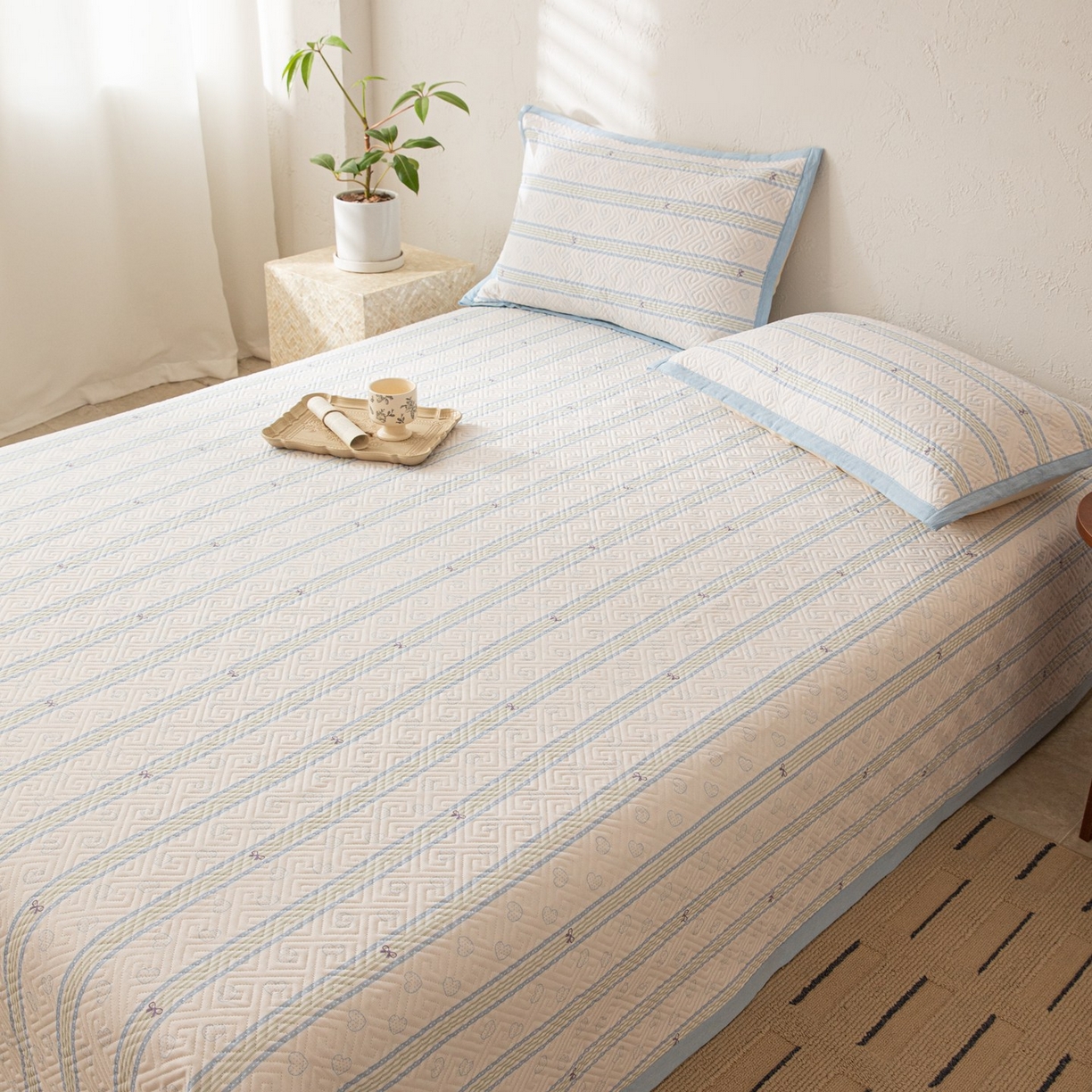 91家纺网 家纺一手货源 找家纺 雅萱家纺 2026春夏新款全棉老粗布床盖 床盖单件 床盖-蝴蝶结