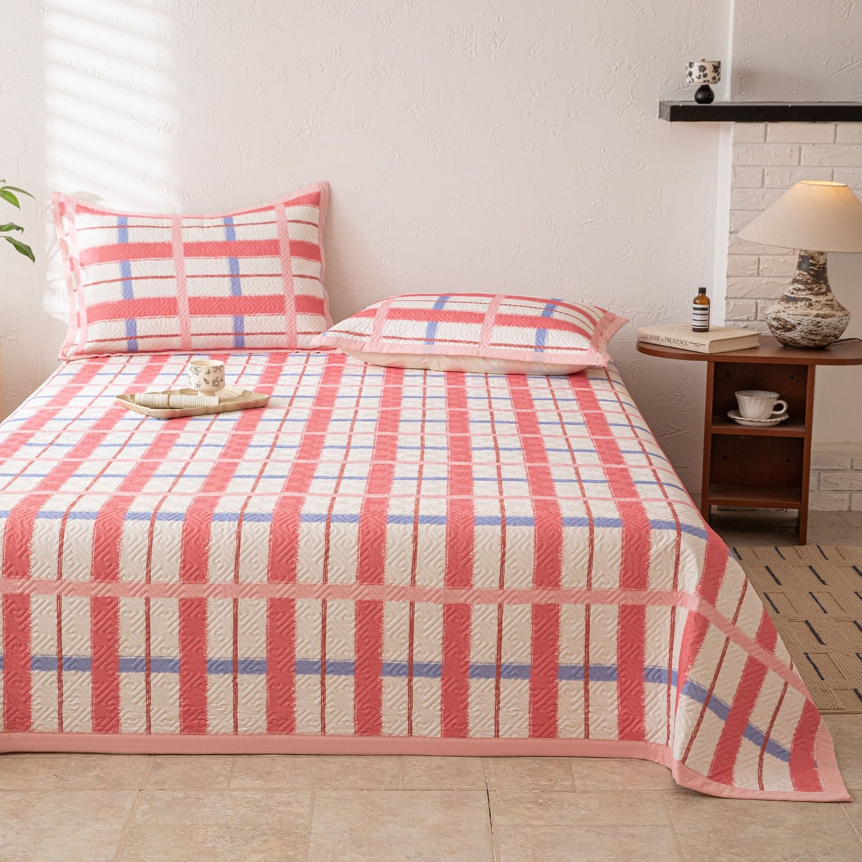 91家纺网 家纺一手货源 找家纺 雅萱家纺 2026春夏新款全棉老粗布床盖 床盖单件 床盖-格红