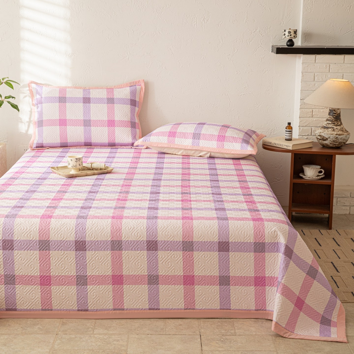 91家纺网 家纺一手货源 找家纺 雅萱家纺 2026春夏新款全棉老粗布床盖 床盖单件 床盖-条纹紫