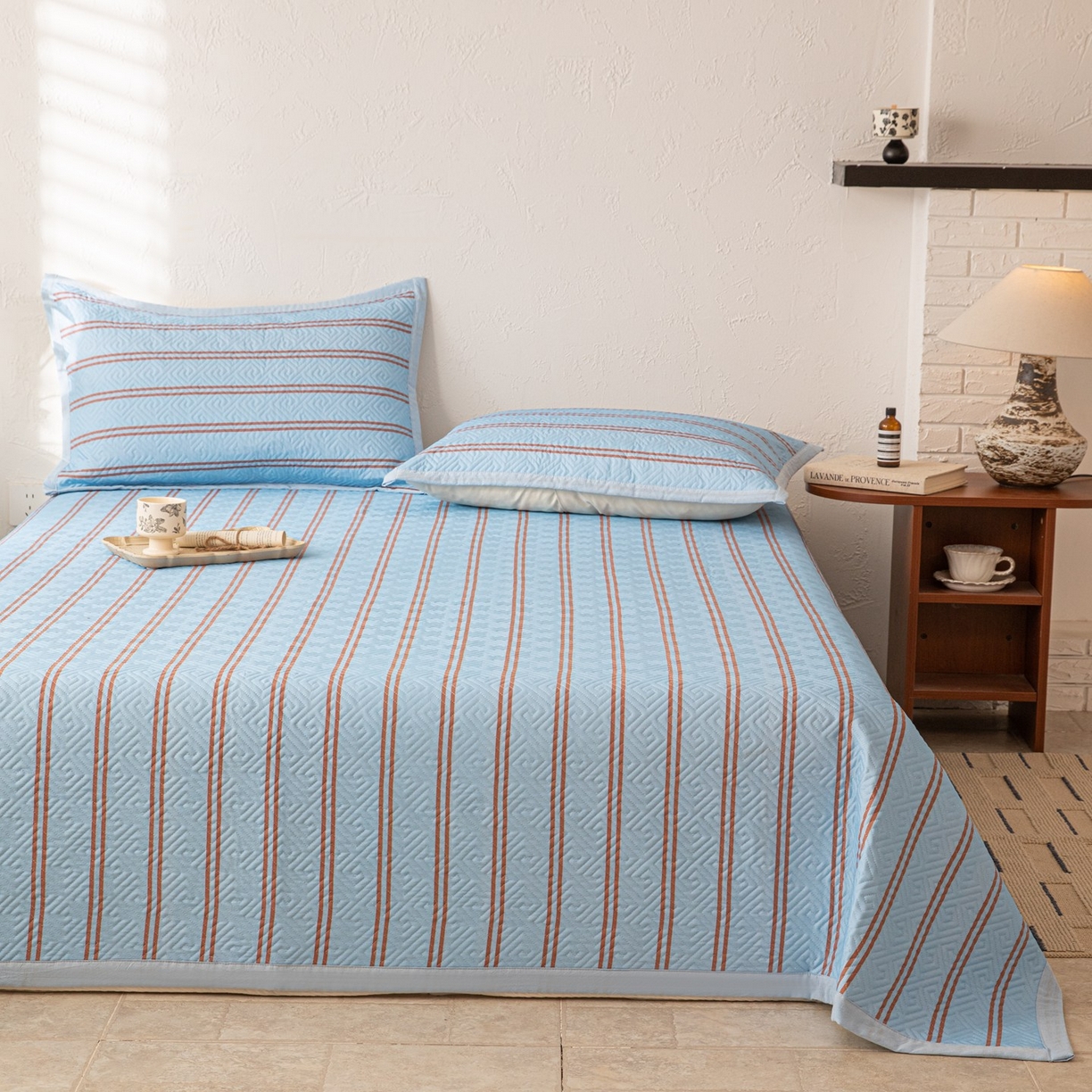 91家纺网 家纺一手货源 找家纺 雅萱家纺 2026春夏新款全棉老粗布床盖 床盖单件 床盖-纹蓝