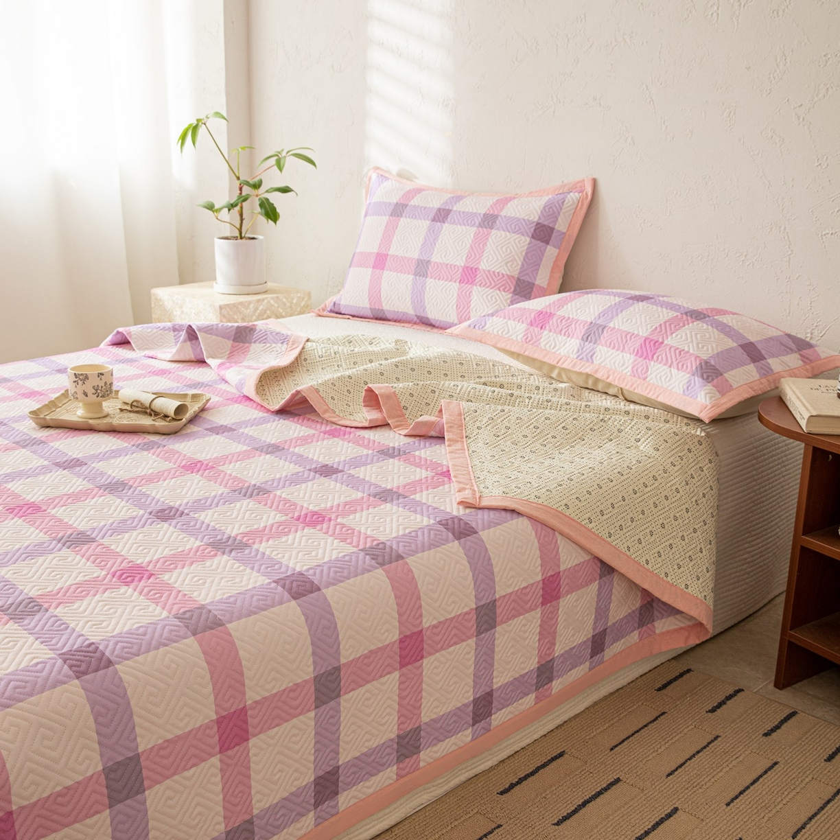 91家纺网 家纺一手货源 找家纺 雅萱家纺 2026春夏新款全棉老粗布床盖 床盖单件 床盖-条纹紫