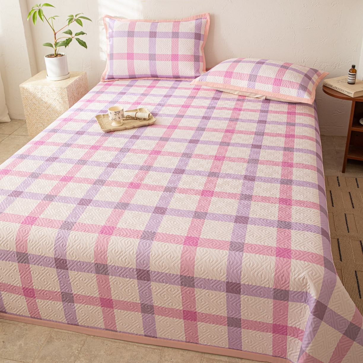 91家纺网 家纺一手货源 找家纺 雅萱家纺 2026春夏新款全棉老粗布床盖 床盖单件 床盖-条纹紫