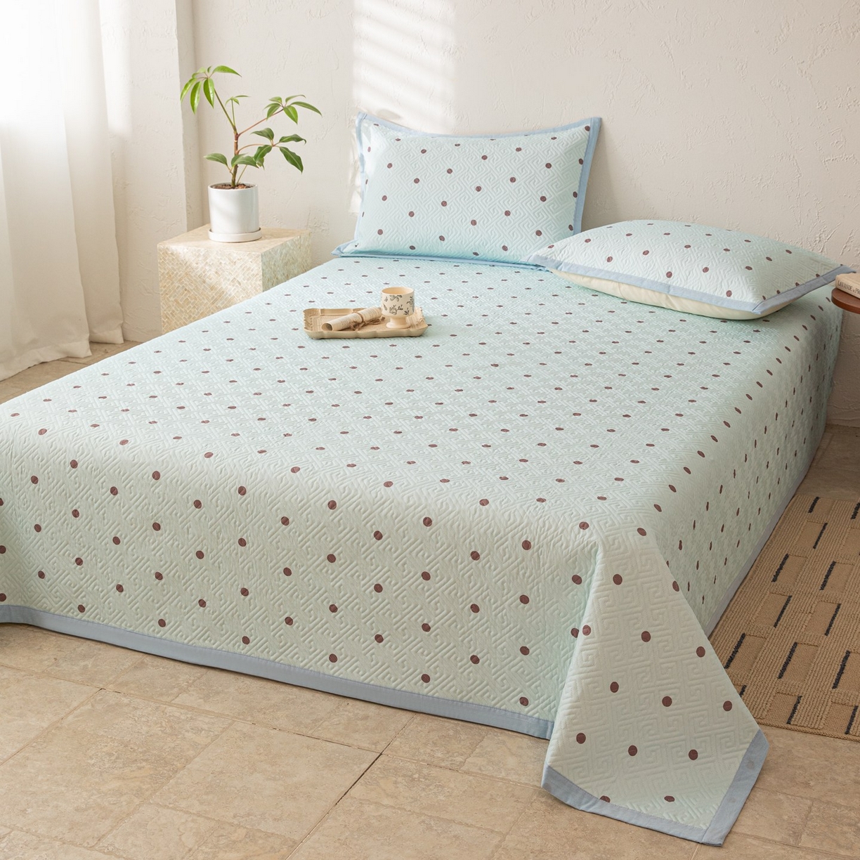 91家纺网 家纺一手货源 找家纺 雅萱家纺 2026春夏新款全棉老粗布床盖 床盖单件 床盖-波点蓝