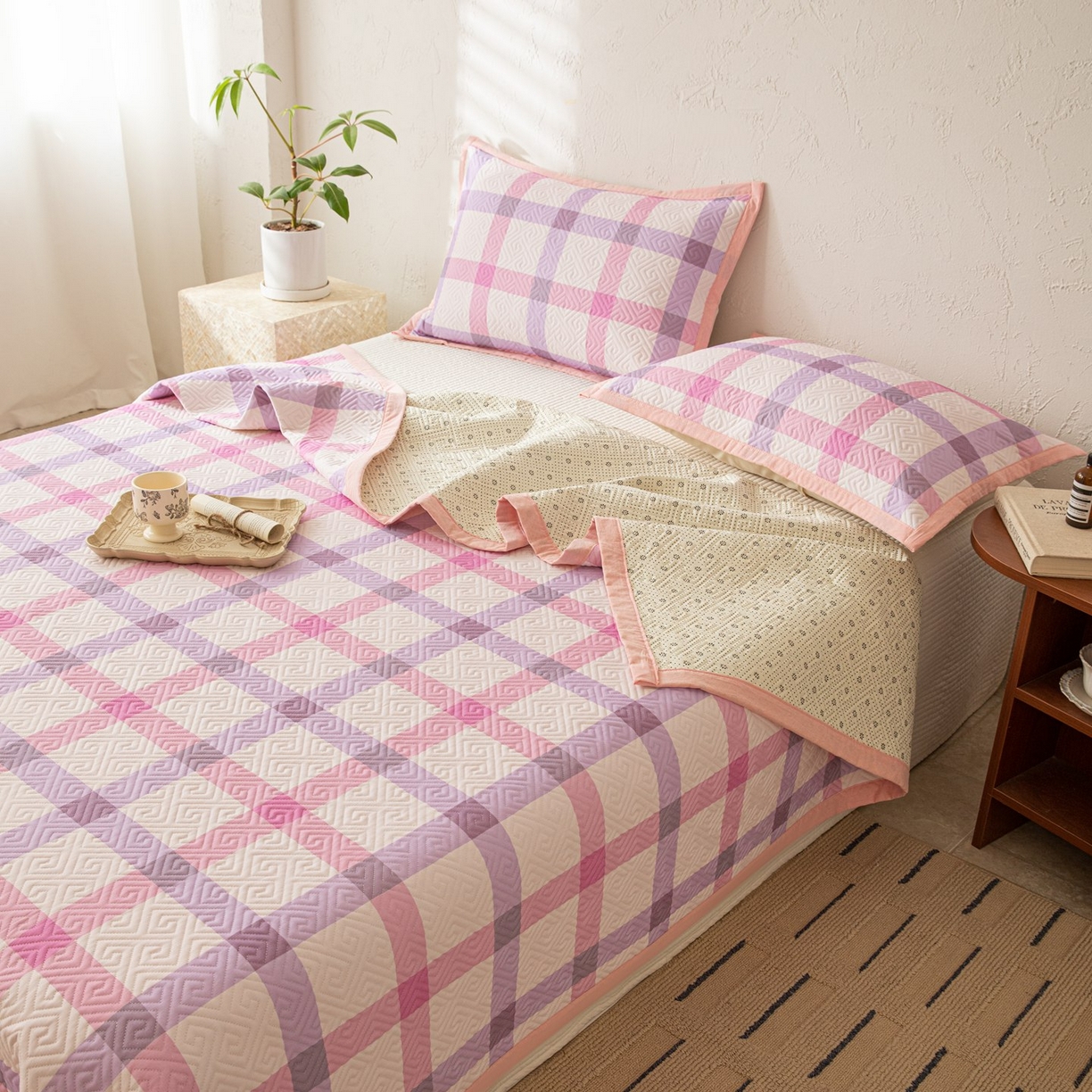 91家纺网 家纺一手货源 找家纺 雅萱家纺 2026春夏新款全棉老粗布床盖 床盖单件 床盖-条纹紫