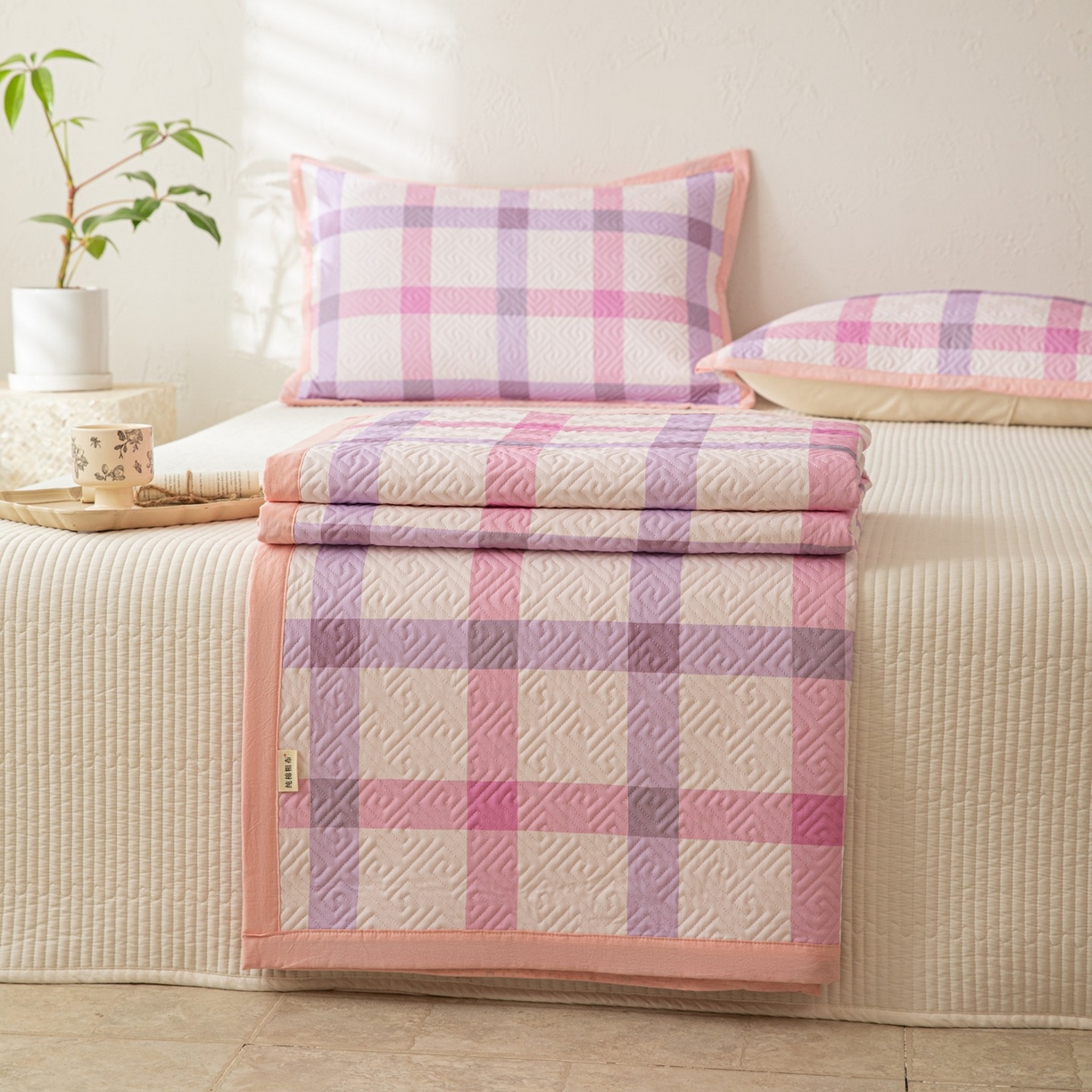 91家纺网 家纺一手货源 找家纺 雅萱家纺 2026春夏新款全棉老粗布床盖 床盖单件 床盖-条纹紫