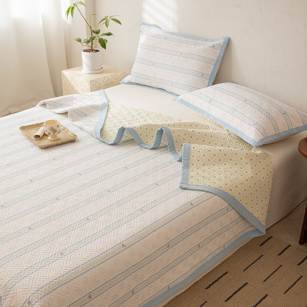 91家纺网 家纺一手货源 找家纺 雅萱家纺 2026春夏新款全棉老粗布床盖 床盖单件 床盖-蝴蝶结