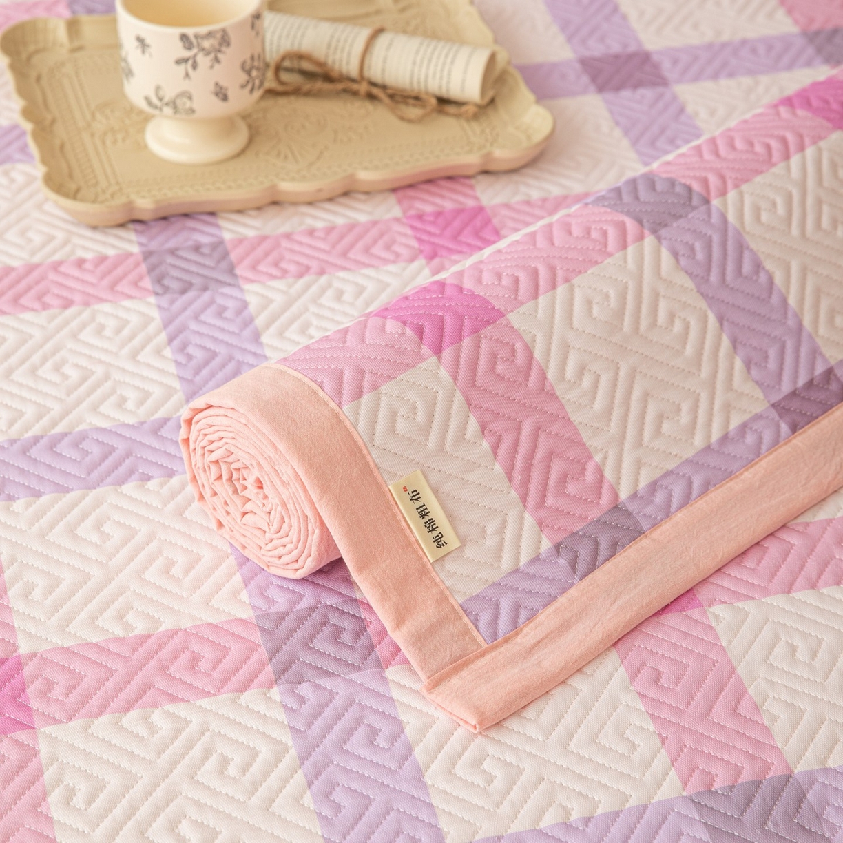 91家纺网 家纺一手货源 找家纺 雅萱家纺 2026春夏新款全棉老粗布床盖 床盖单件 床盖-条纹紫