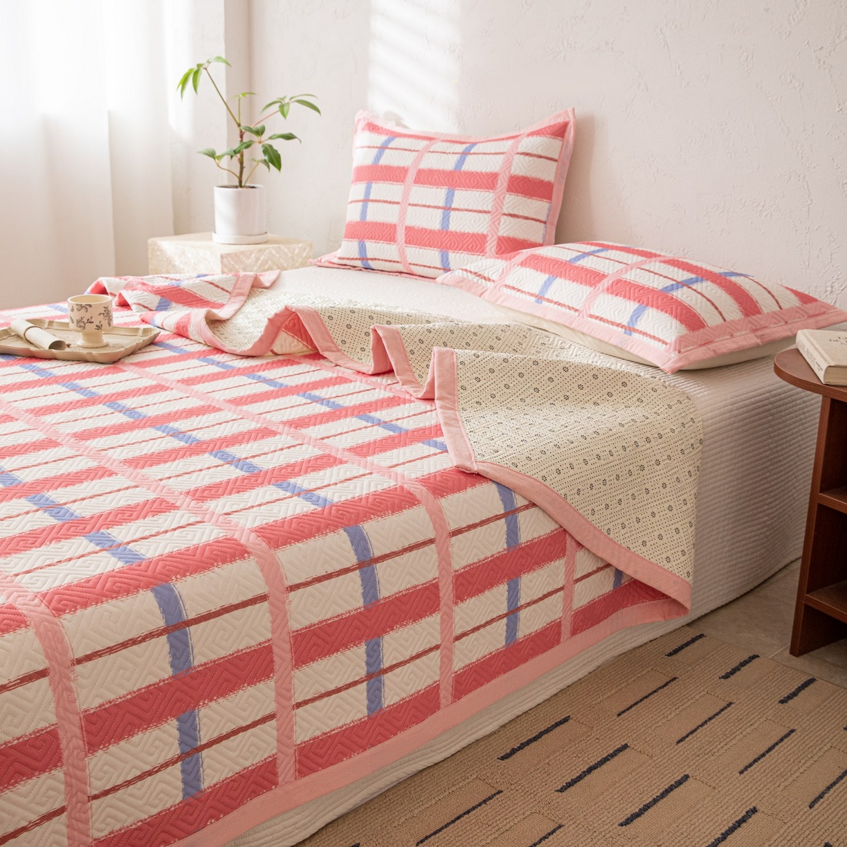 91家纺网 家纺一手货源 找家纺 雅萱家纺 2026春夏新款全棉老粗布床盖 床盖单件 床盖-格红