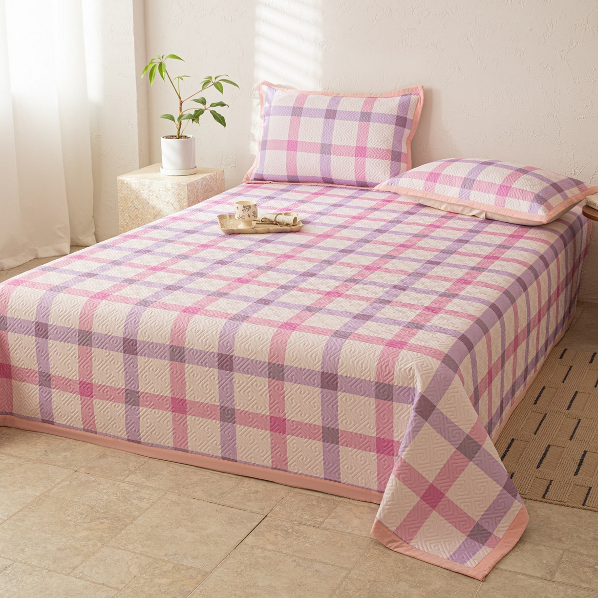 91家纺网 家纺一手货源 找家纺 雅萱家纺 2026春夏新款全棉老粗布床盖 床盖单件 床盖-条纹紫