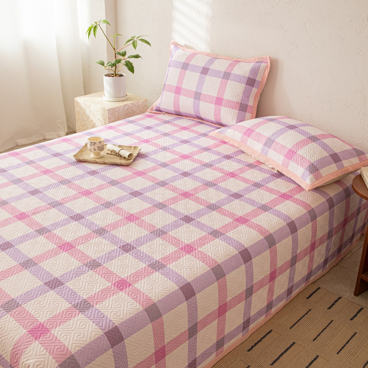 91家纺网 家纺一手货源 找家纺 雅萱家纺 2026春夏新款全棉老粗布床盖 床盖单件 床盖-条纹紫