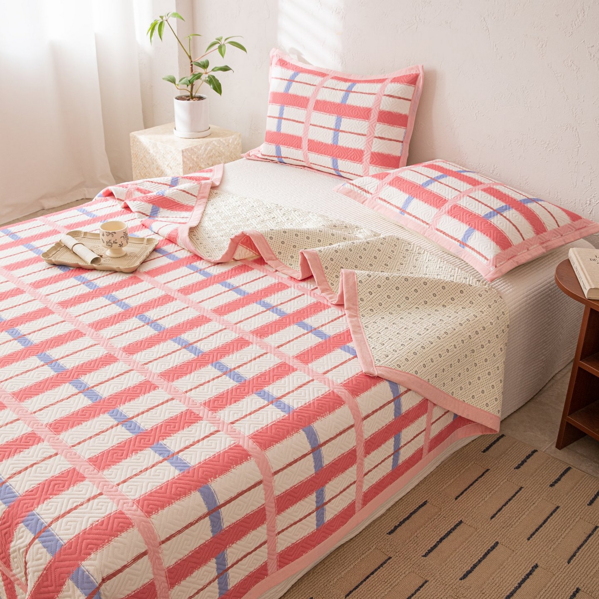 91家纺网 家纺一手货源 找家纺 雅萱家纺 2026春夏新款全棉老粗布床盖 床盖单件 床盖-格红