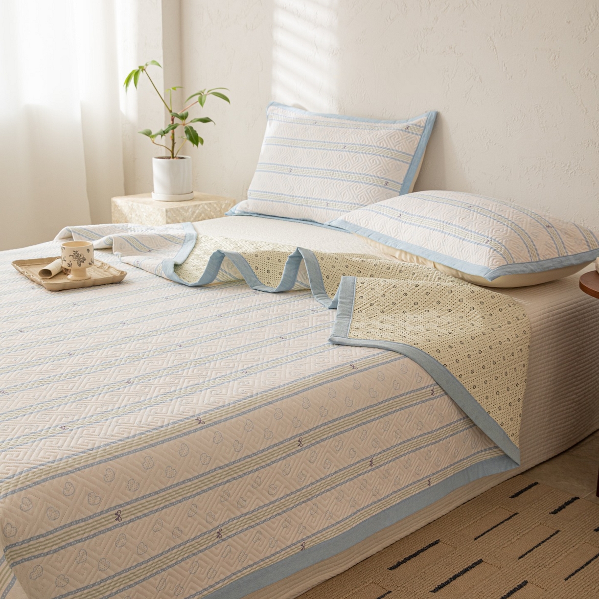 91家纺网 家纺一手货源 找家纺 雅萱家纺 2026春夏新款全棉老粗布床盖 床盖单件 床盖-蝴蝶结