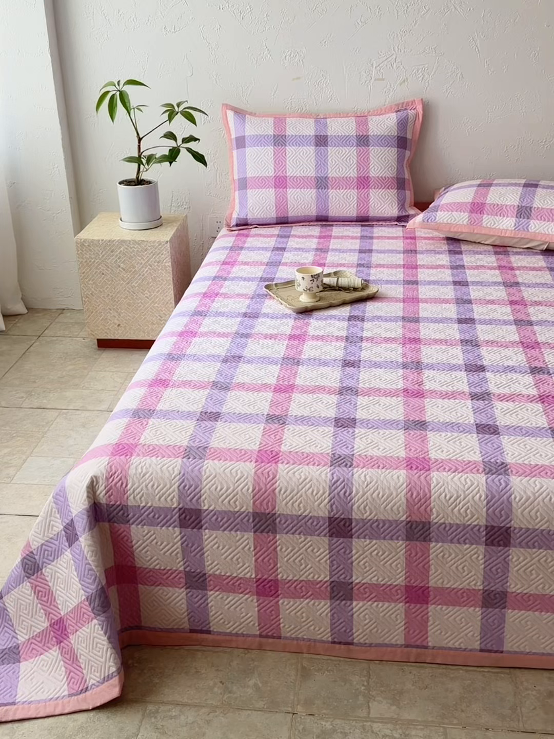 91家纺网 家纺一手货源 找家纺 雅萱家纺 2026春夏新款全棉老粗布床盖 床盖单件 床盖-条纹紫