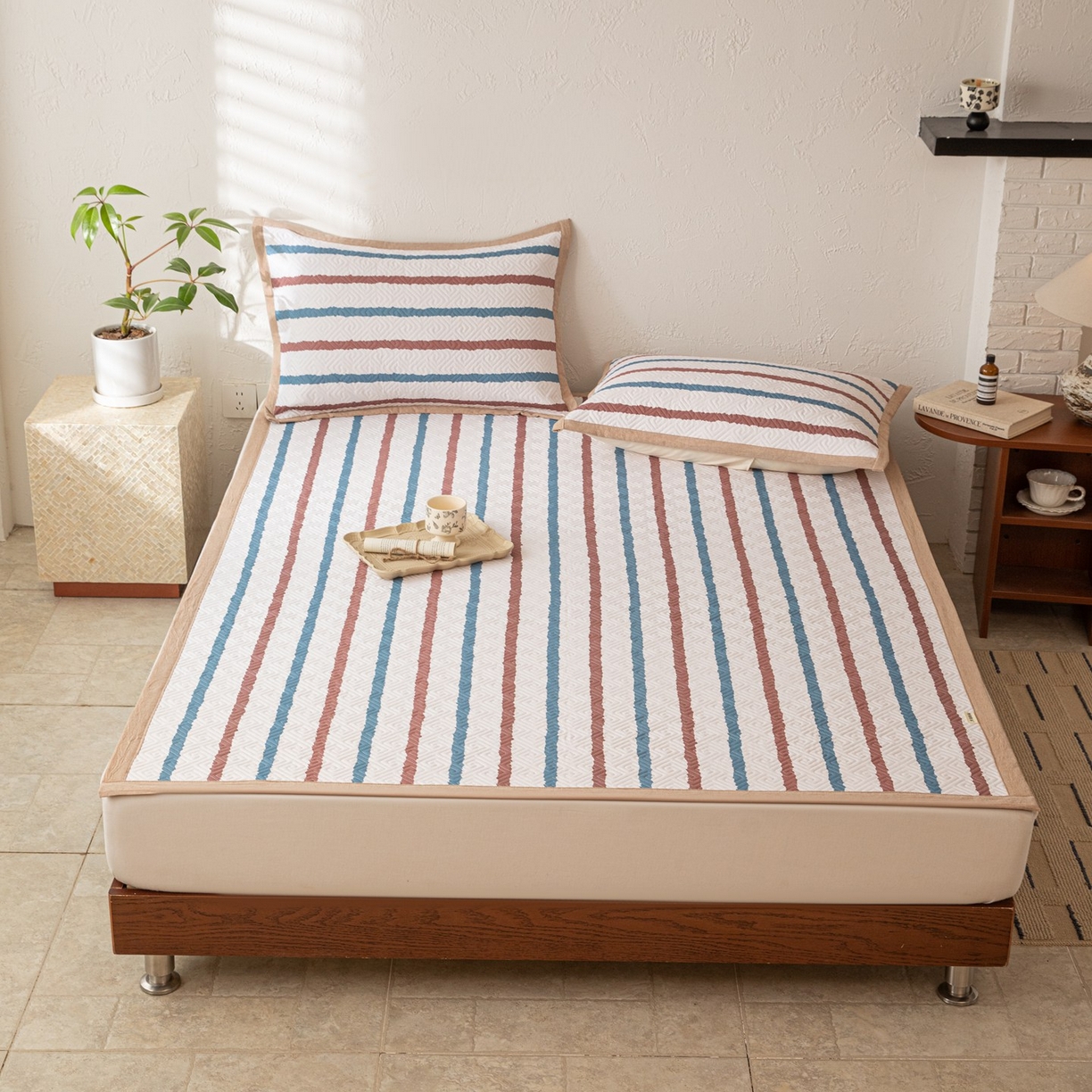 91家纺网 家纺一手货源 找家纺 雅萱家纺 2026春夏新款全棉老粗布软席凉席席子 软席-条纹咖