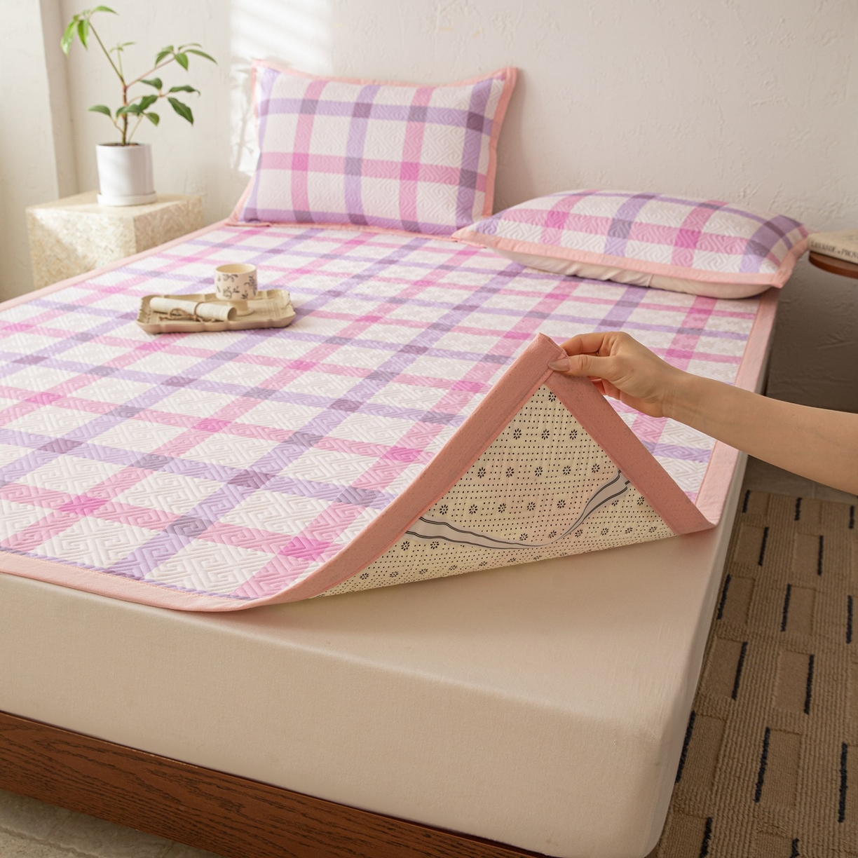 91家纺网 家纺一手货源 找家纺 雅萱家纺 2026春夏新款全棉老粗布软席凉席席子 软席-条纹紫