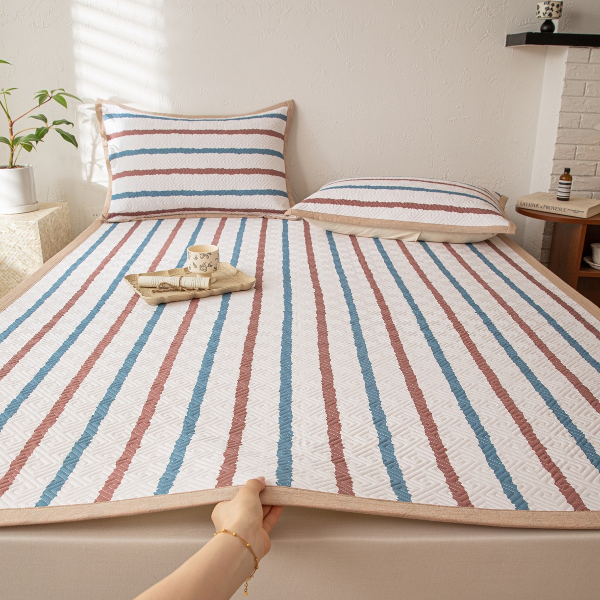 雅萱家纺 2026春夏新款全棉老粗布软席凉席席子 软席-条纹咖