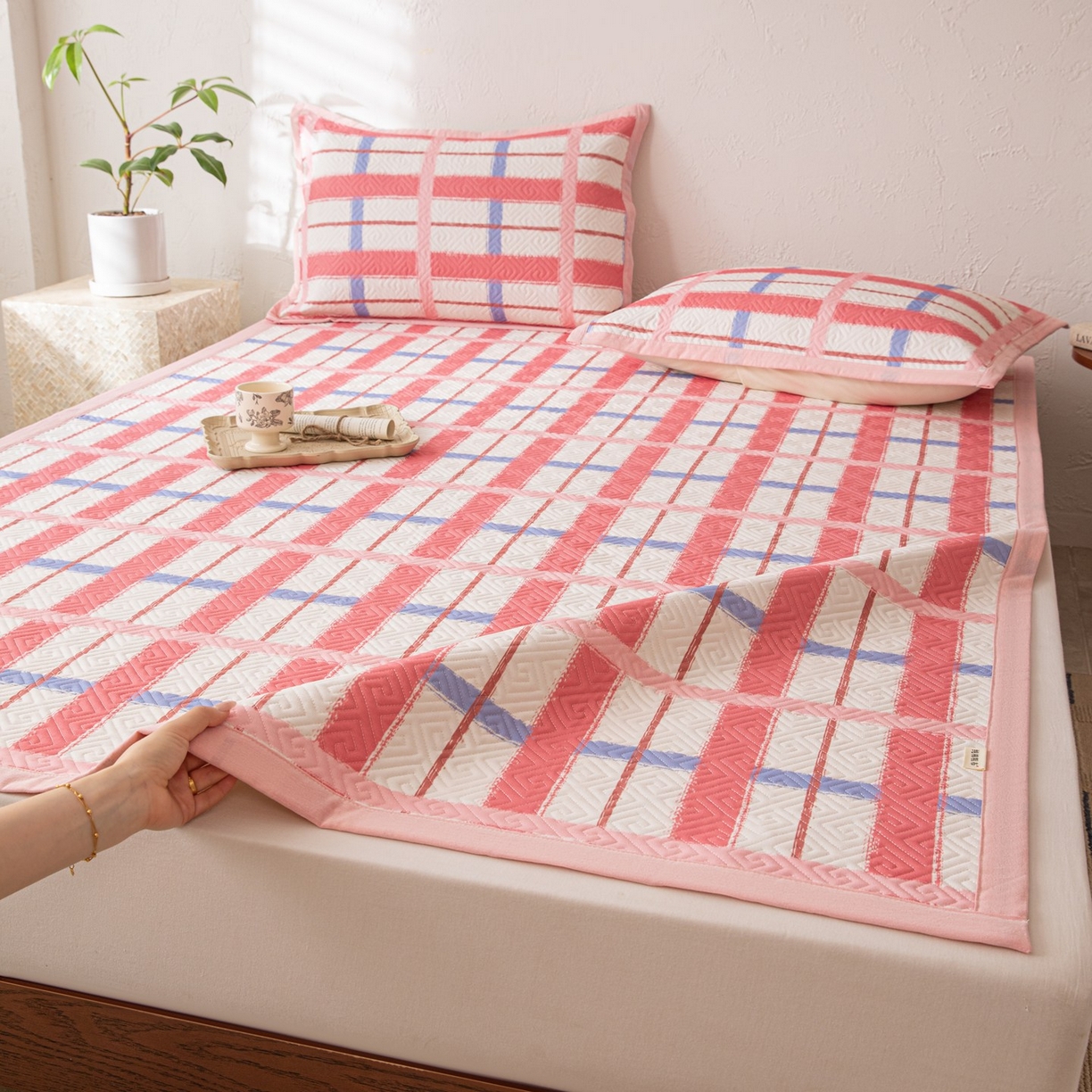 91家纺网 家纺一手货源 找家纺 雅萱家纺 2026春夏新款全棉老粗布软席凉席席子 软席-格红