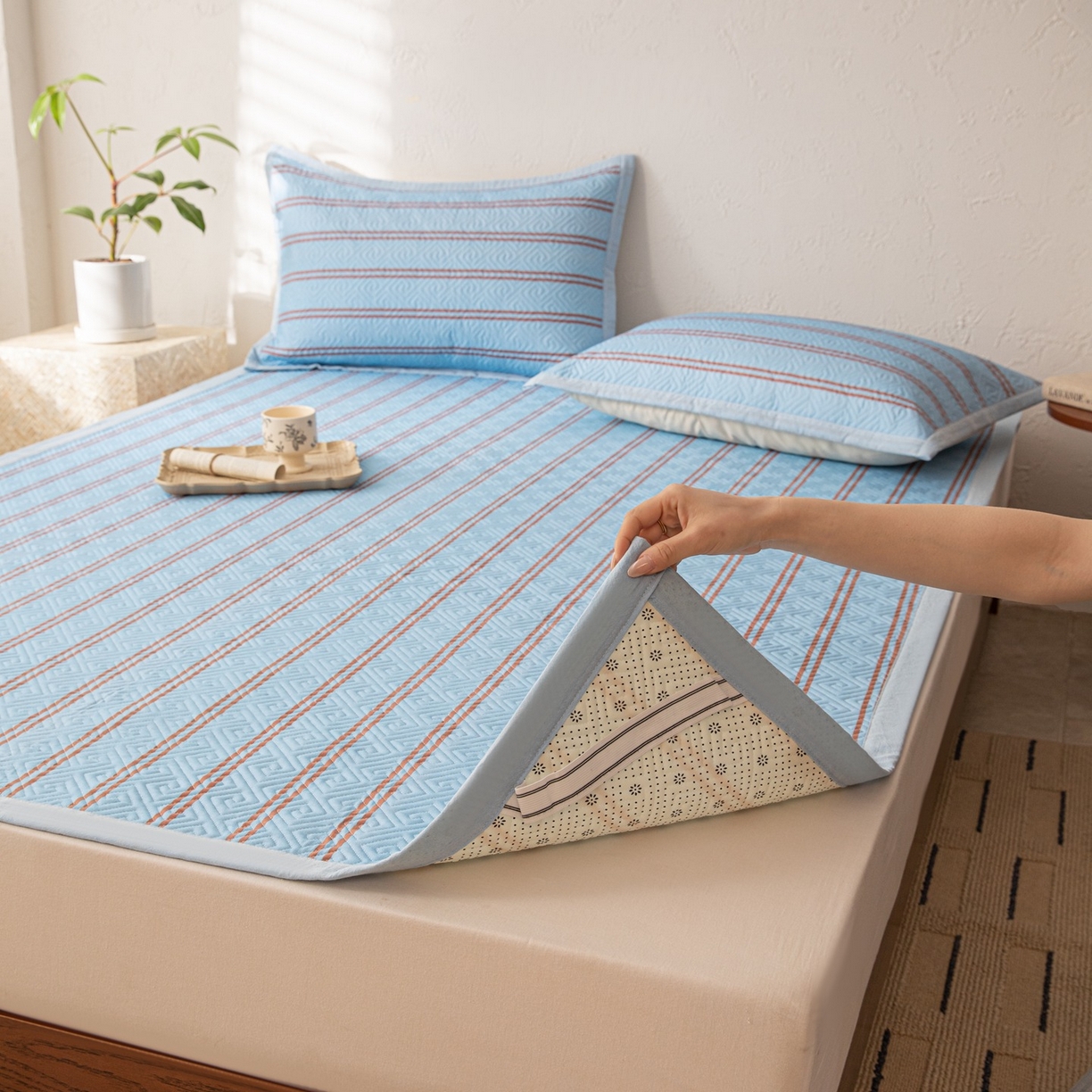 91家纺网 家纺一手货源 找家纺 雅萱家纺 2026春夏新款全棉老粗布软席凉席席子 软席-纹蓝